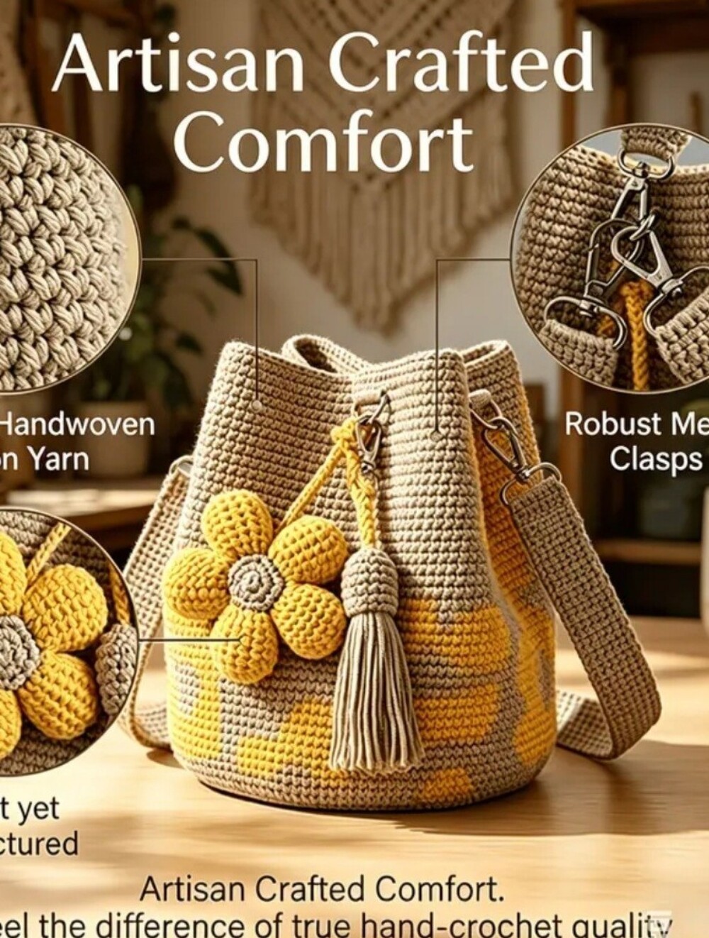 Hand-crocheted Floral Tote Bag, Summer Vacation Travel Women's
